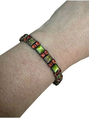 Vintage Mary DeMarco Green Orange Crystal Link Bracelet Lobster Clasp Closure